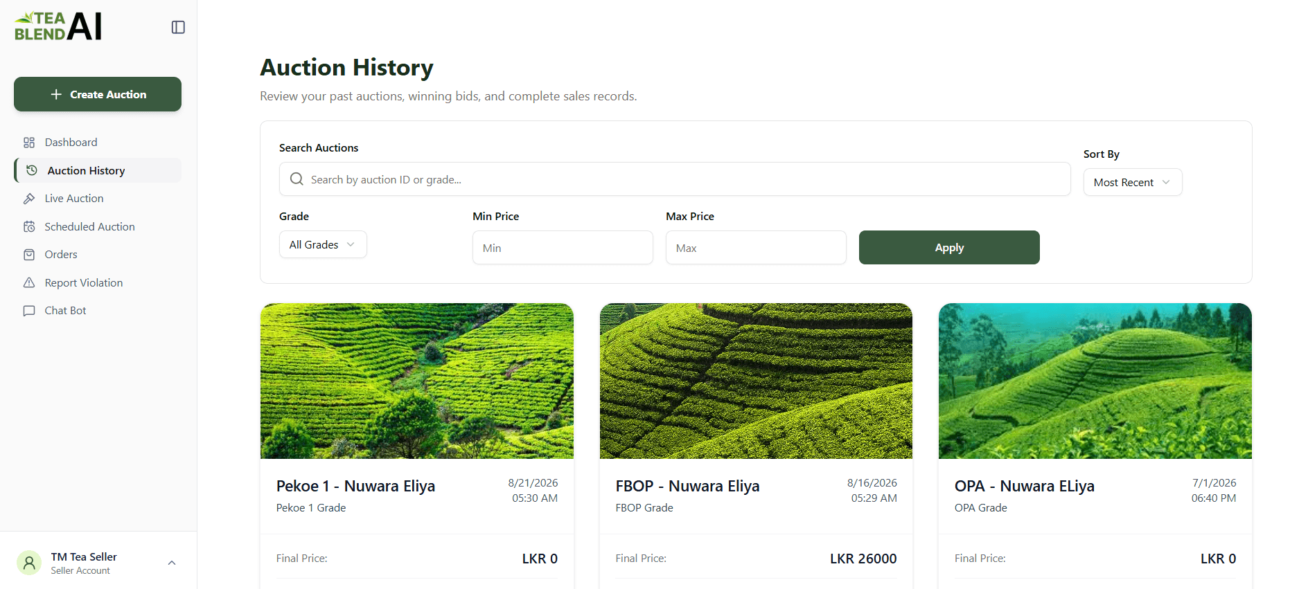 Searchable Auction History catalog with price filters and winning trade amounts