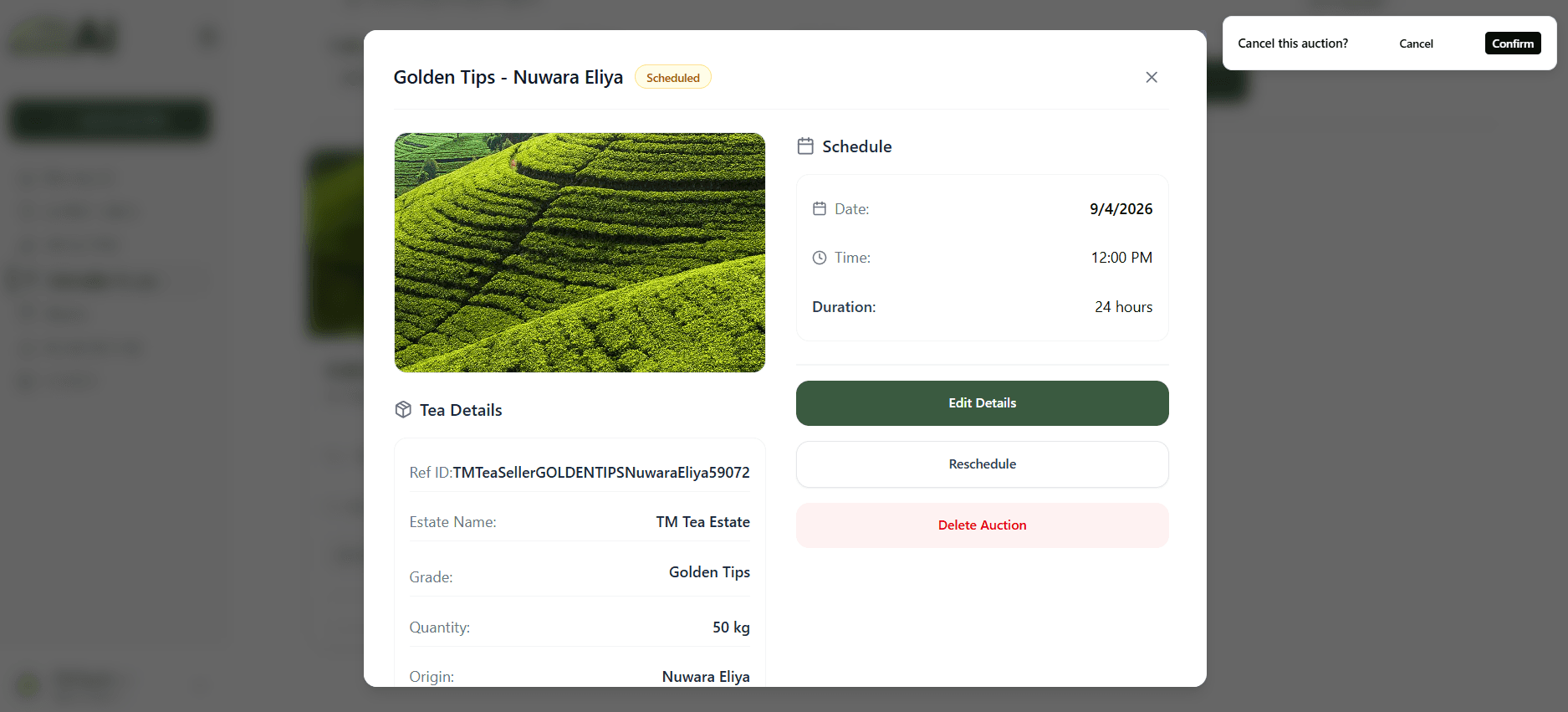 Auction lifecycle management modal with confirmation dialog