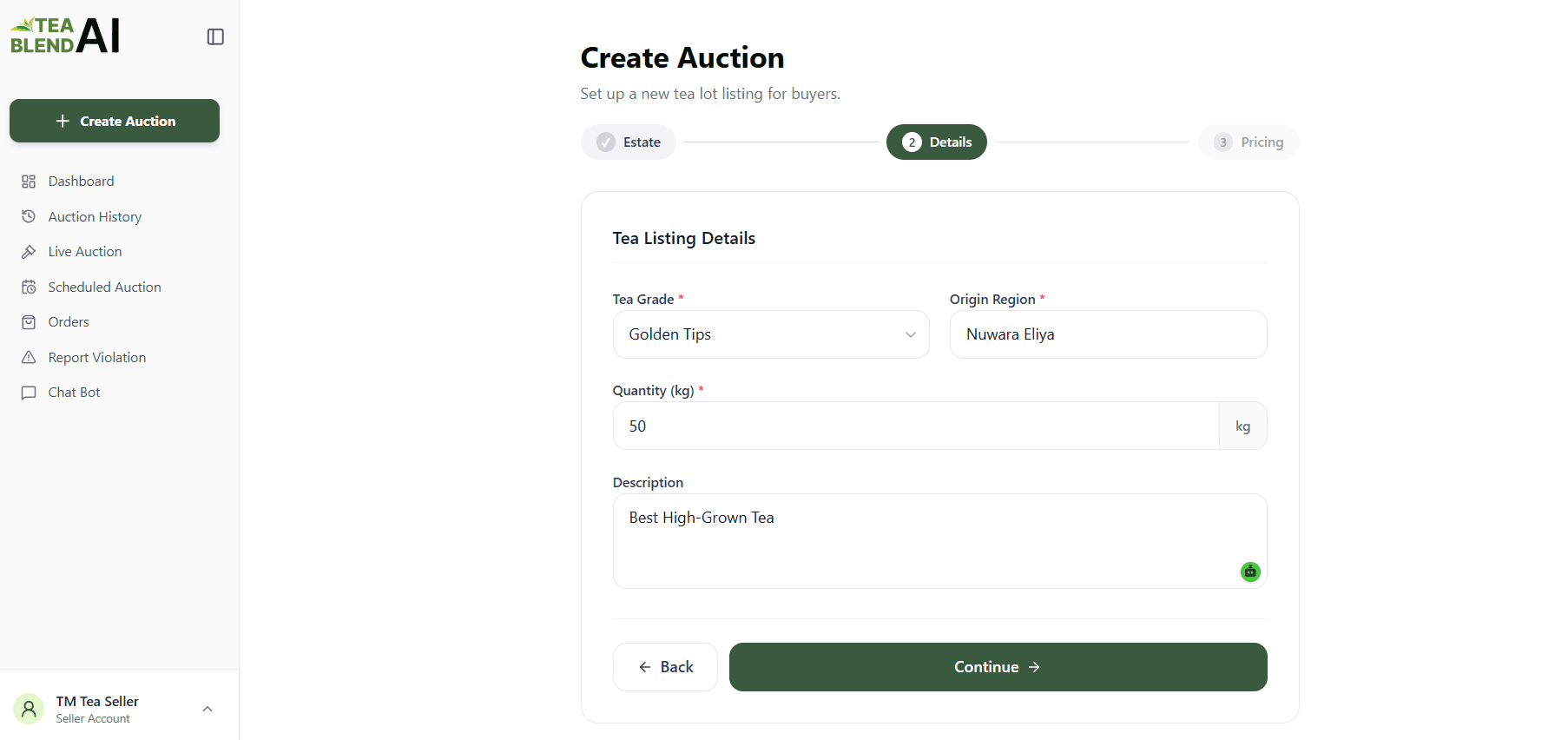 Create Auction Wizard Step 2: Tea listing parameters, grade selection, weight, and description