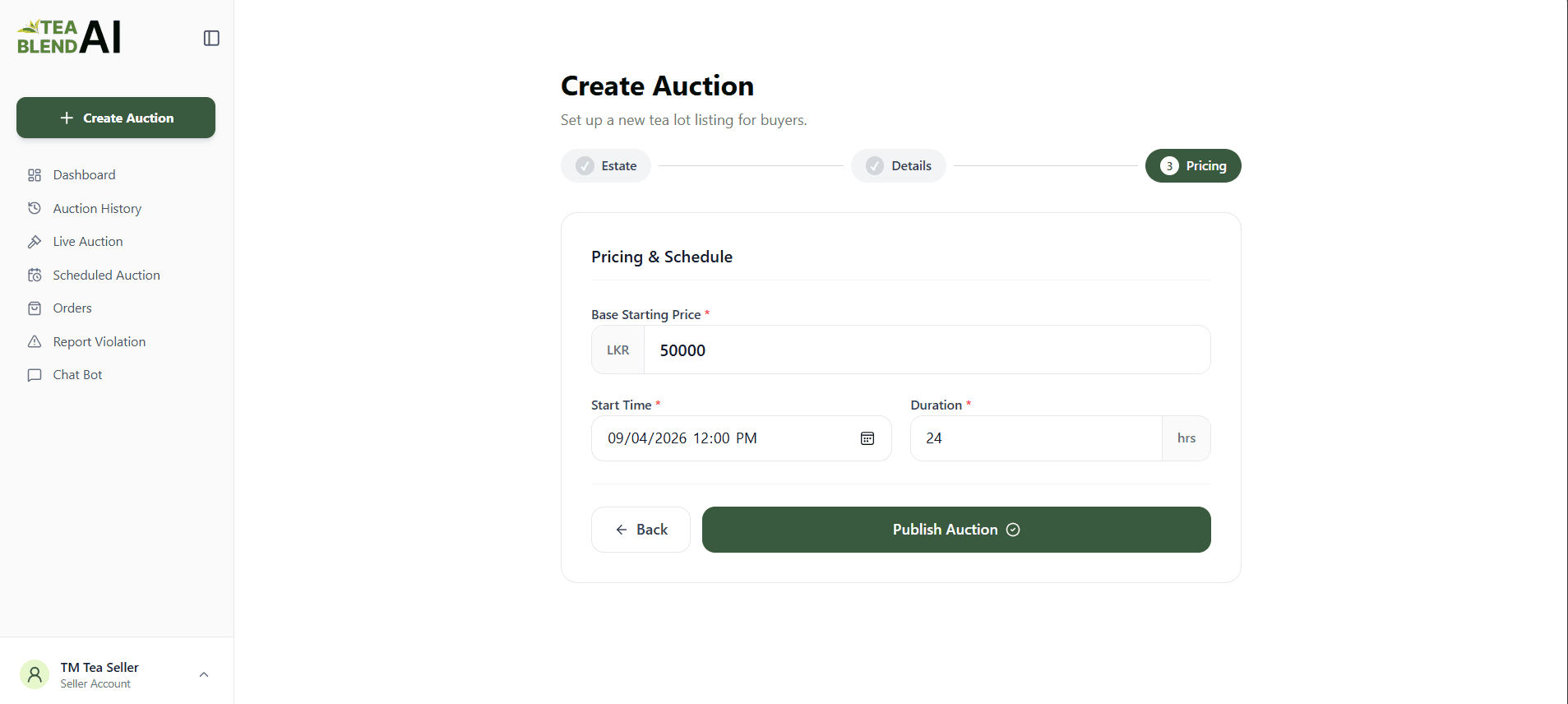 Create Auction Wizard Step 3: Base starting price, auction start time, and duration configuration