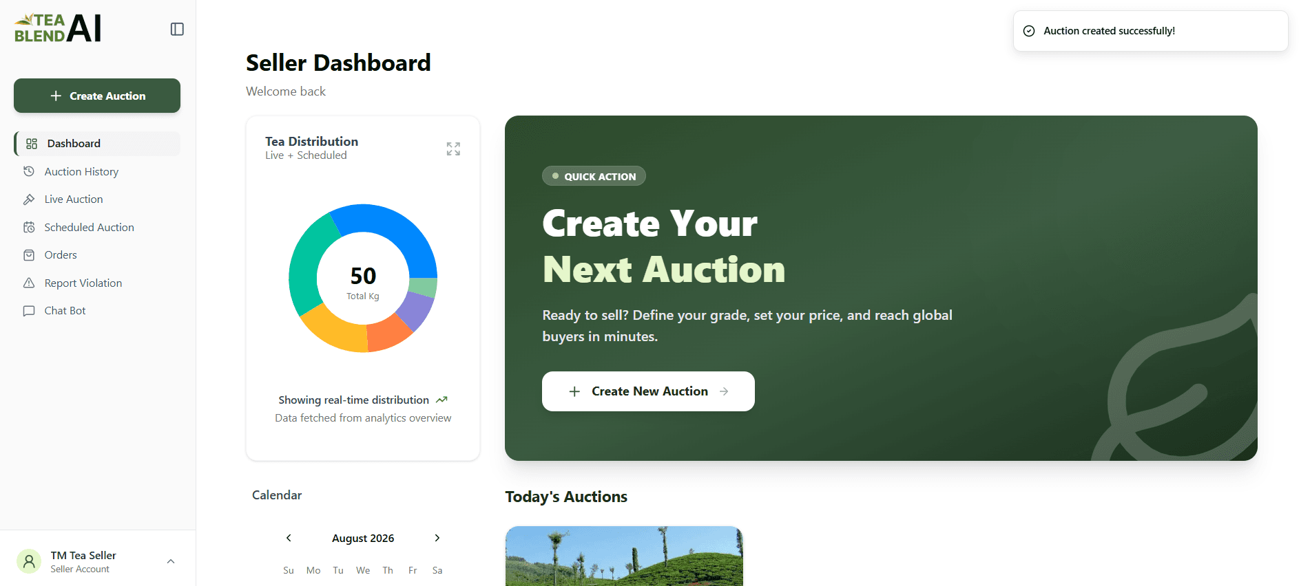 Auction created notification toast on seller dashboard