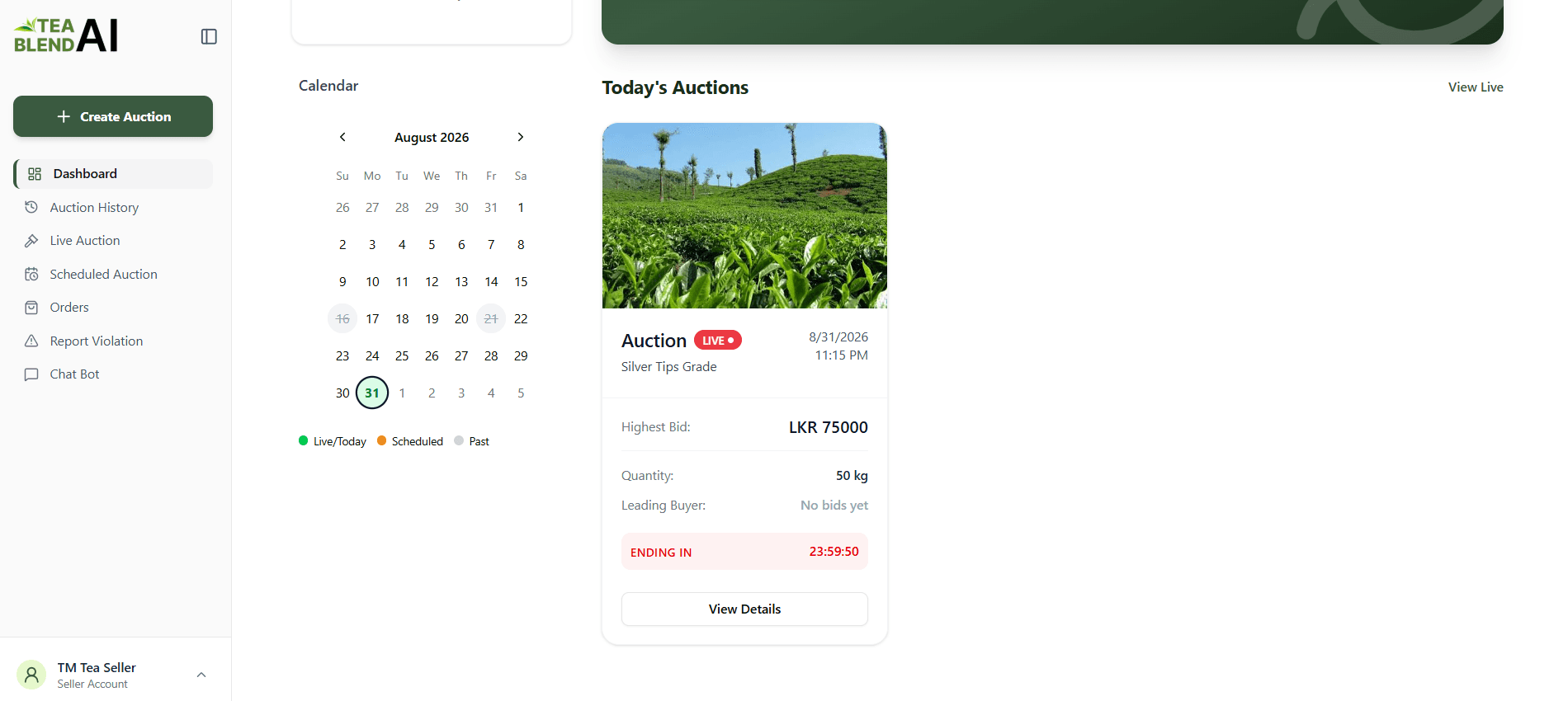 Live auction active card with LIVE badge, highest bid, and countdown timer
