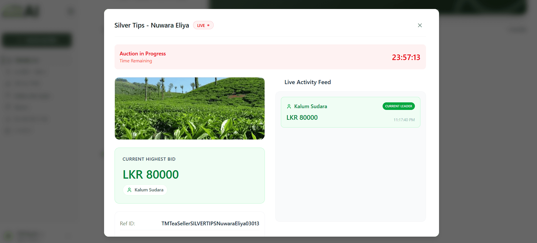 Live bidding modal with real-time activity feed and leading buyer attribution