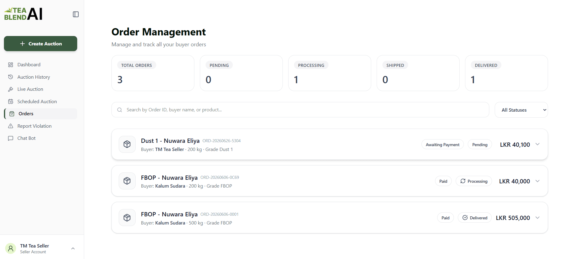 Order Management interface tracking fulfillment stages from pending to delivered