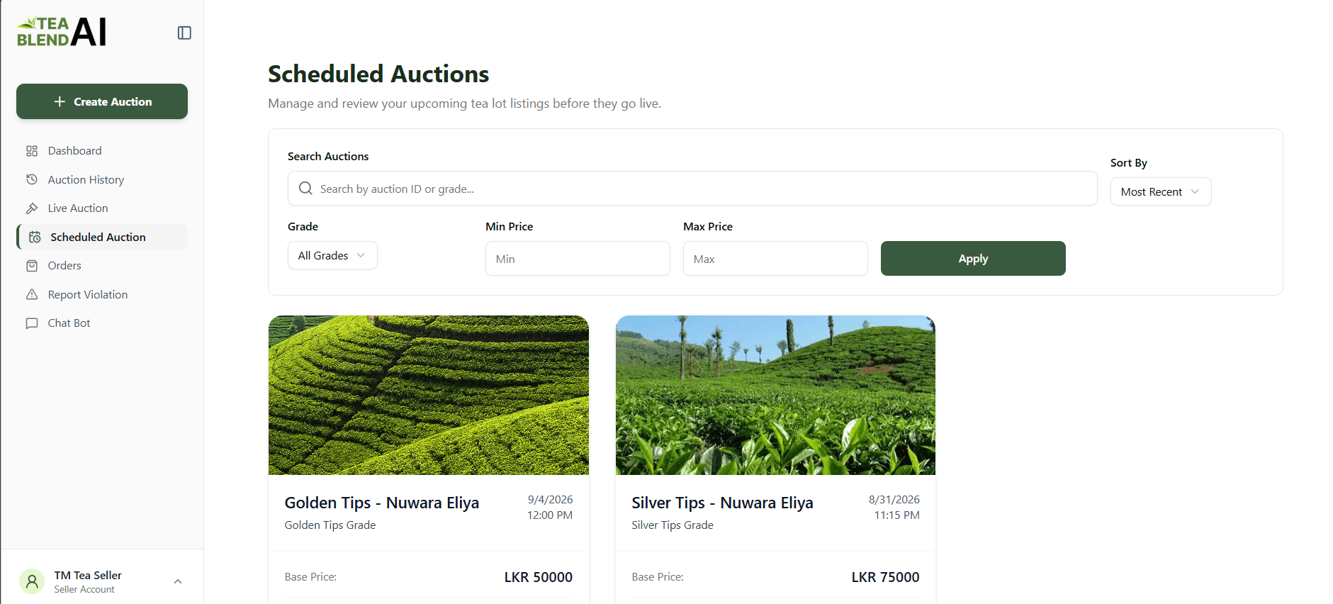 Scheduled Auctions view showing upcoming tea lots with base prices and scheduled start dates