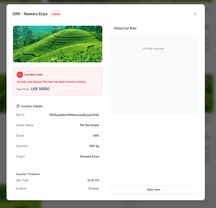 Unsold lot detail modal with relisting options