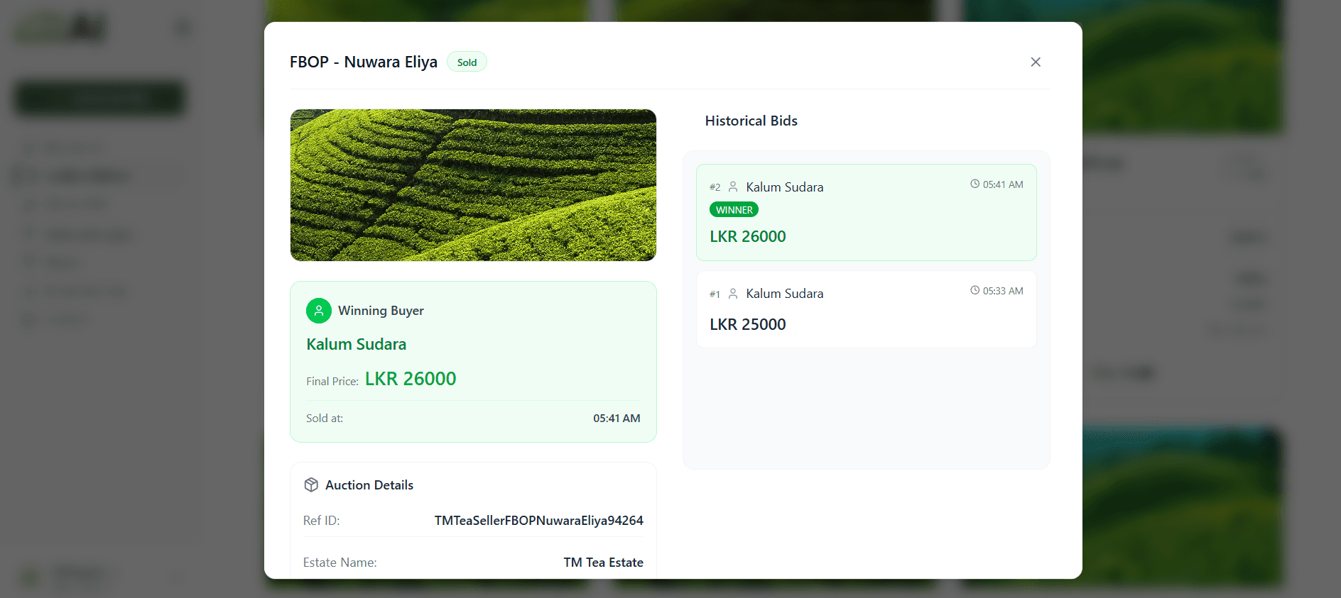 Completed auction detail modal displaying winning buyer Kalum Sudara and bid chronology